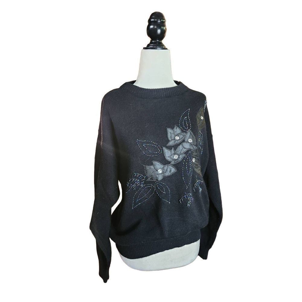 Vintage Black Beaded Applique Sweater 80s Cowl Neck Soft